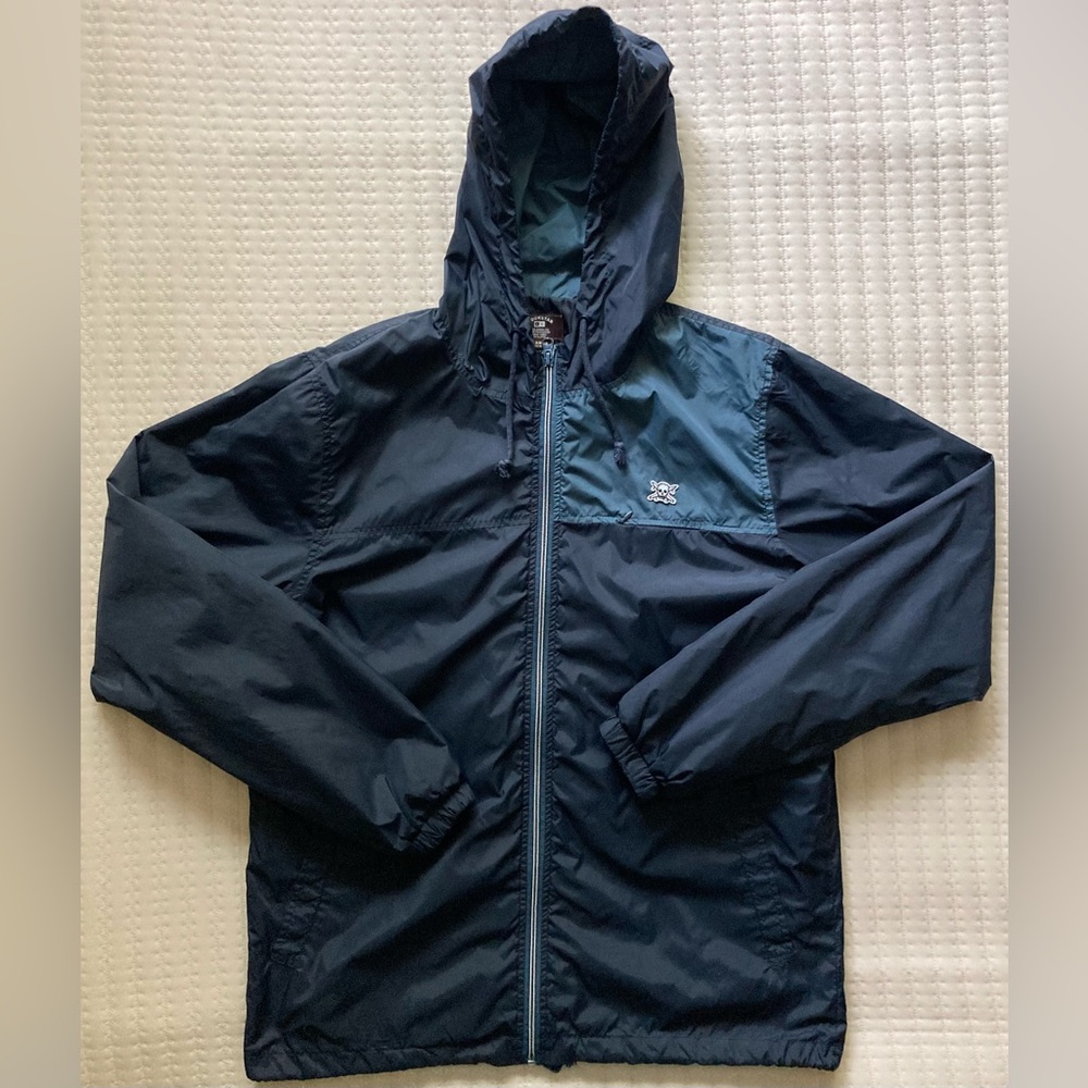 Fourstar Windbreaker Men’s Large Blue Full Zip Hooded Skateboarding Skull Jacket